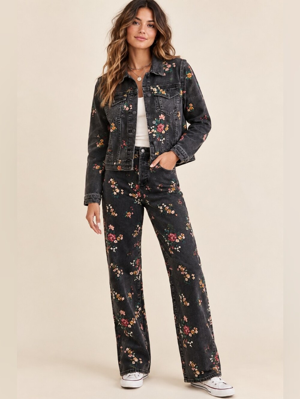 DRIFTWOOD Black Floral Wide-Leg Denim Pants And Trucker Denim Jacket EUC